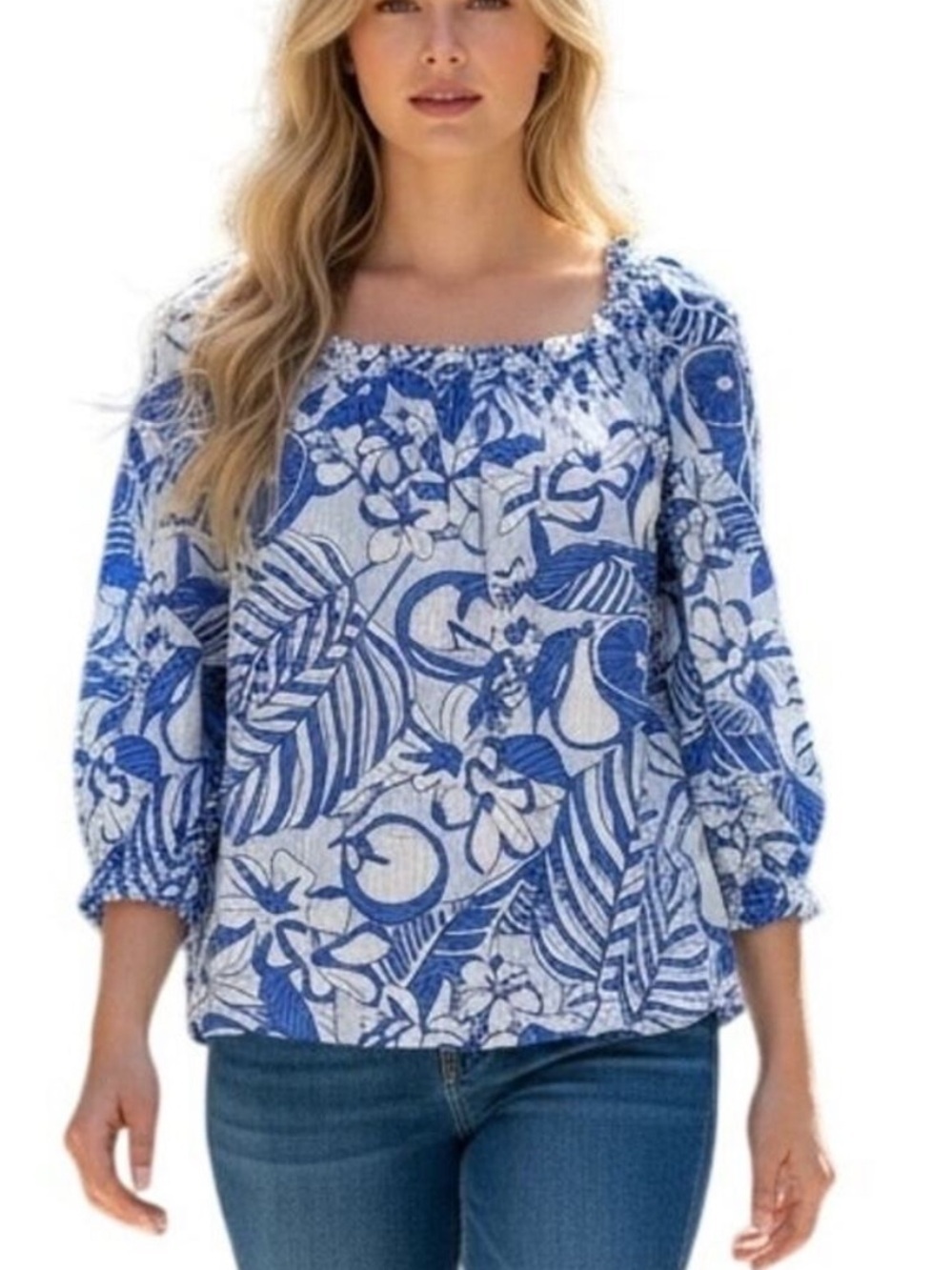 Vineyard Vines women XL 16 18 blouse top Painted Palm Beach blue white boho